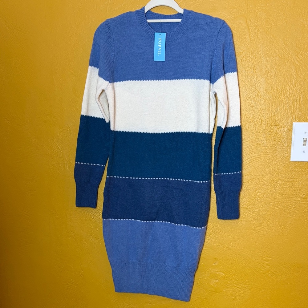 Popvil Blue Cream Striped Sweater Dress Cozy Casual Knit Fall M NWT